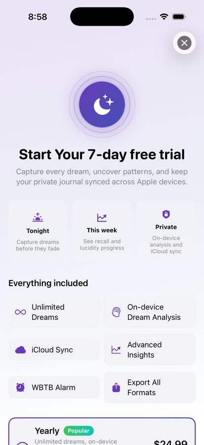 Dream Recall pricing screen with monthly, yearly, and lifetime plans
